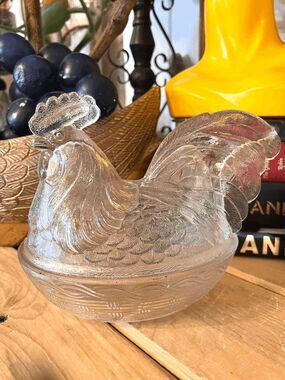 Fenton Large Clear Glass Rooster on Nest Covered Candy Dish 8.5" #4680